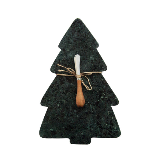 Tabla de mármol verde en forma de árbol con cuchillo
